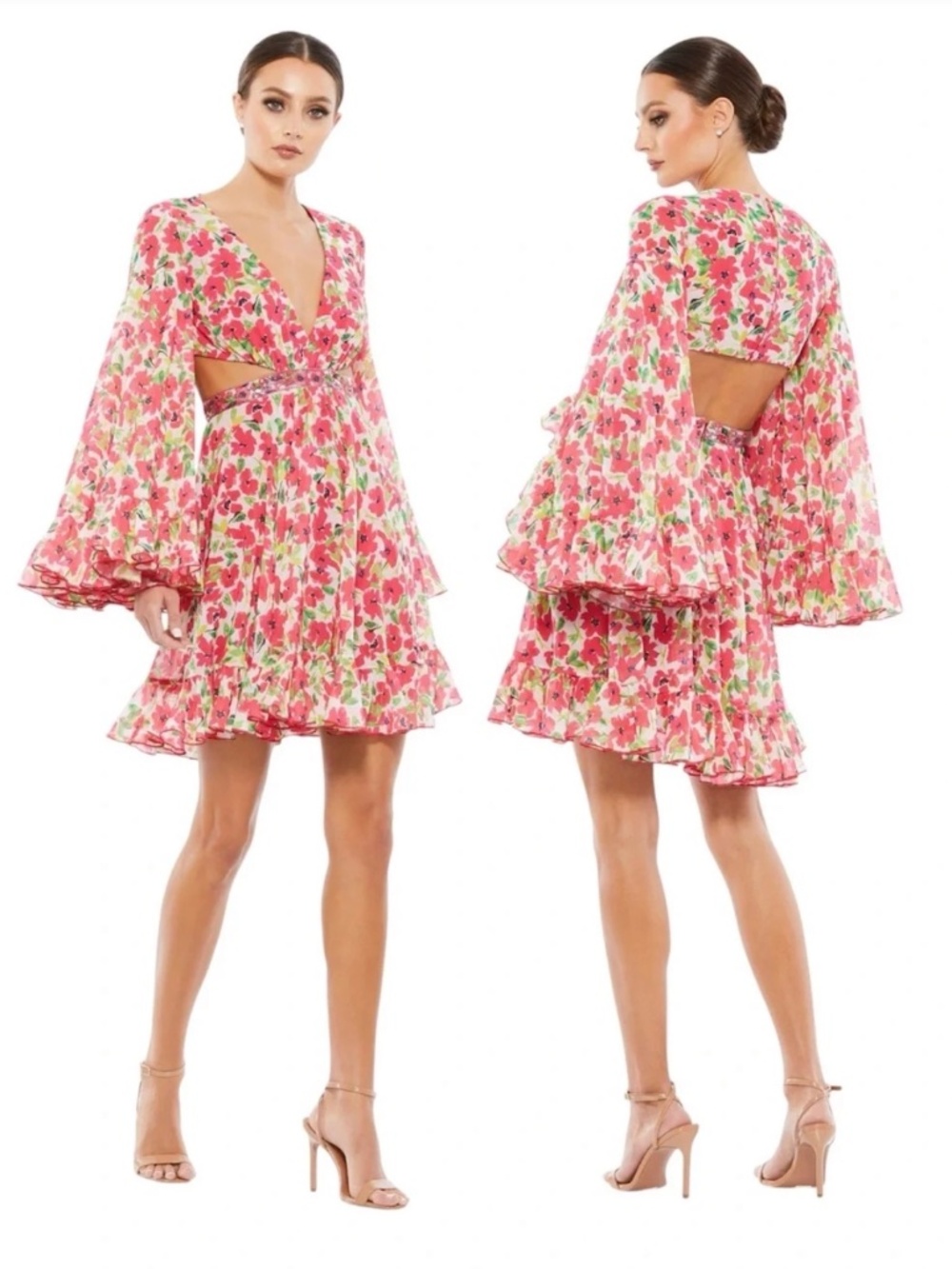 Mac Duggal Floral Cut Out Bell Sleeve Mini Dress SZ 8